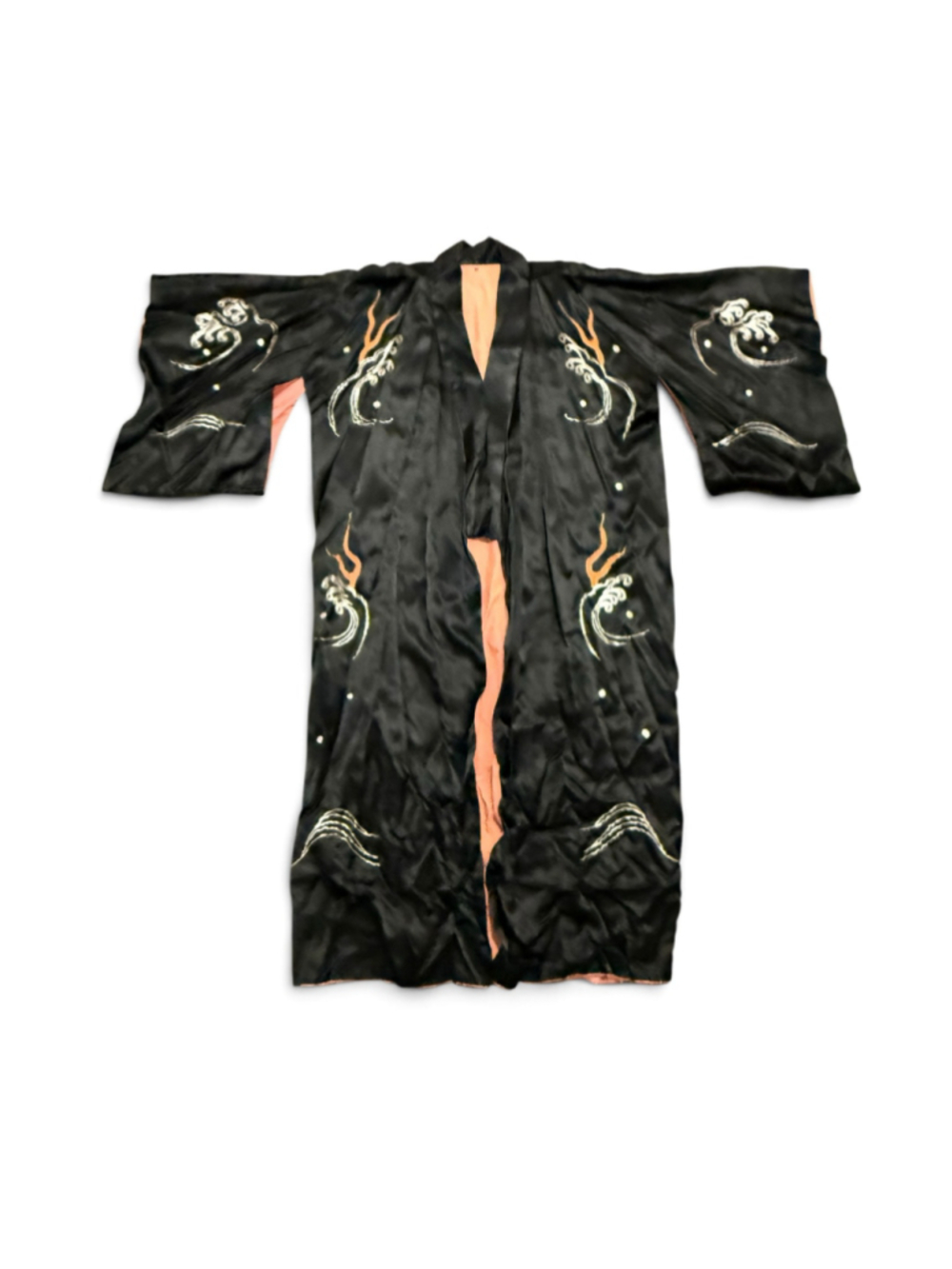 Vintage Japanese Souvenir Kimono Robe Double Dragon Embroidered Satin Black 41” - Picture 4 of 11